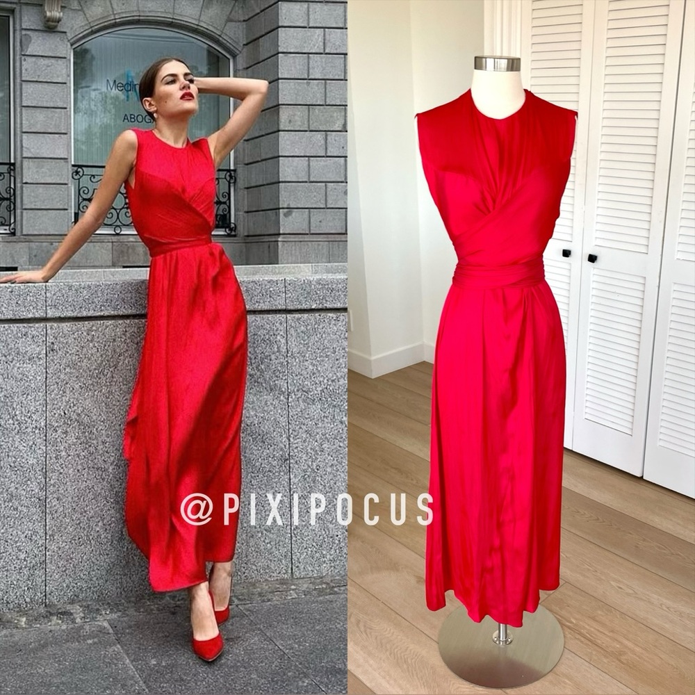 ZARA SATIN TIE WAIST MIDI DRESS FLOWY BELTED RED 8573/128